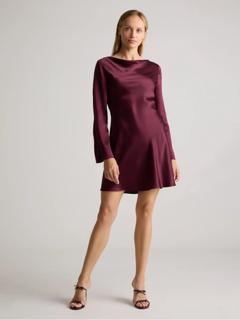 Quince 100% Washable Silk Long Sleeve Mini Dress M wine tasting red